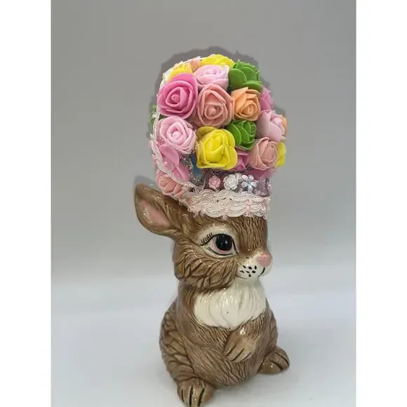 Vintage Ceramic Pretty Bunny Spring Bunny Floral Flower Hat Deb O. Original OOAK - Picture 4 of 16